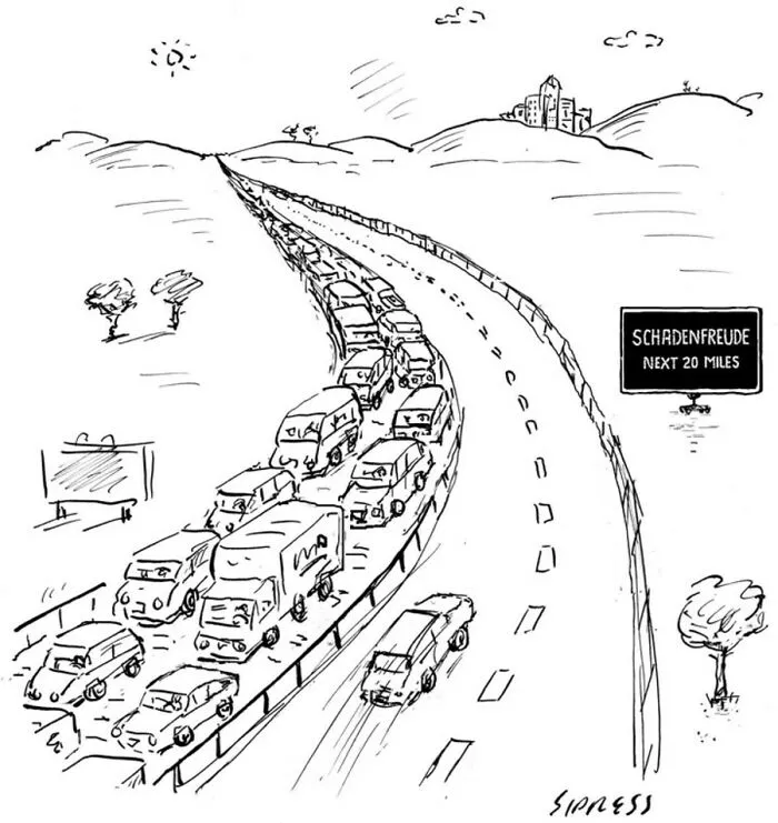 New Yorker style cartoon showing a traffic jam next to a road sign reading Schadenfreude.