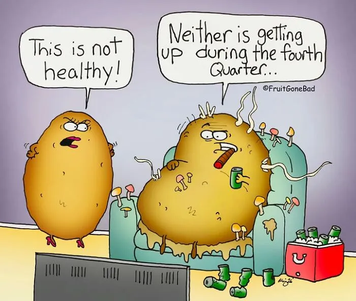Funny comics featuring food with potato characters talking about healthy habits in front of a TV.
