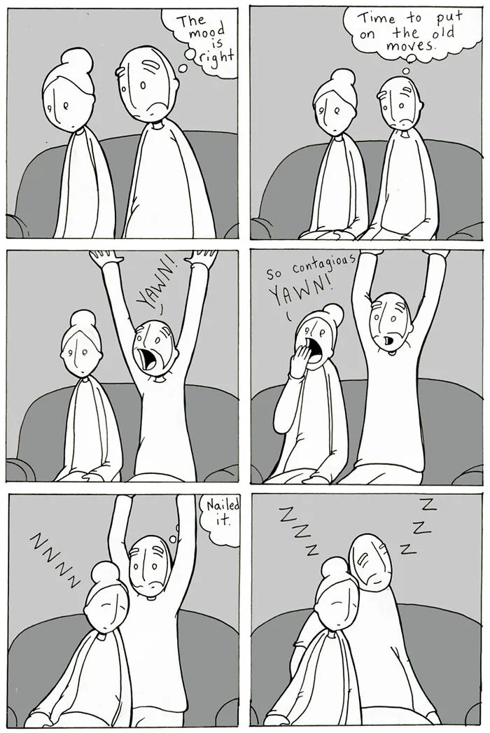 Couple humorously deciding to dance then falling asleep together