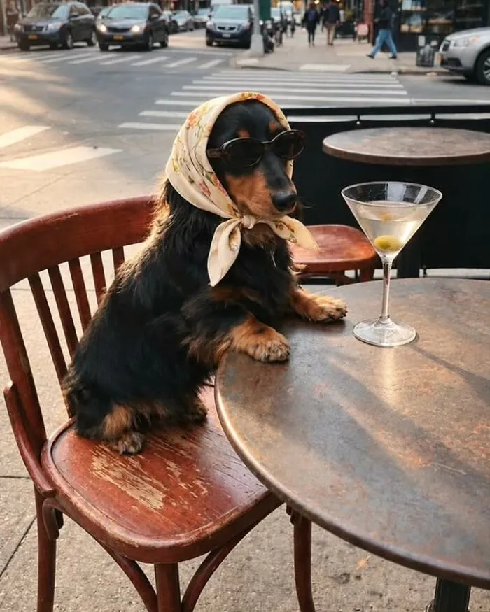 A funny dachshund wearing sunglasses and a headscarf, sitting at a cafe table next to a martini.