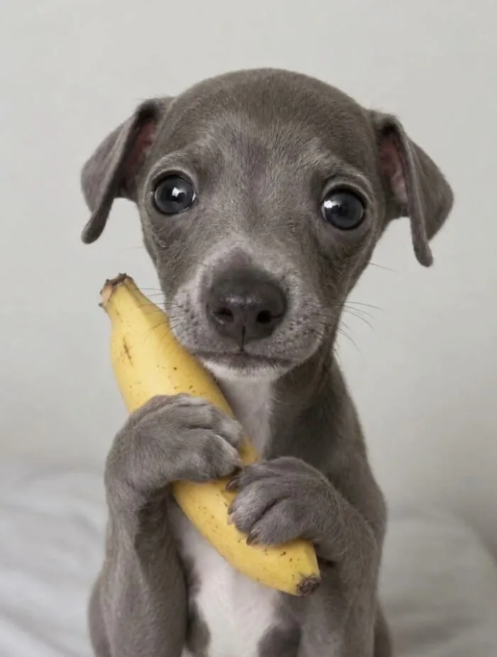 A cute grey puppy holding a yellow banana in a funny dog photo