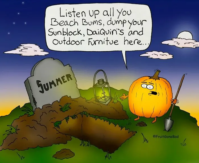 Funny and slightly naughty comics featuring food and objects with a pumpkin gravedigger.