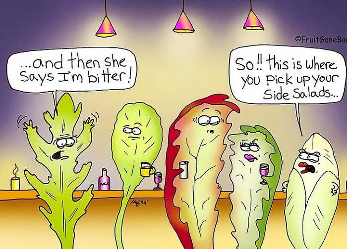 Funny and slightly naughty comics featuring food and objects with salad greens at a bar.
