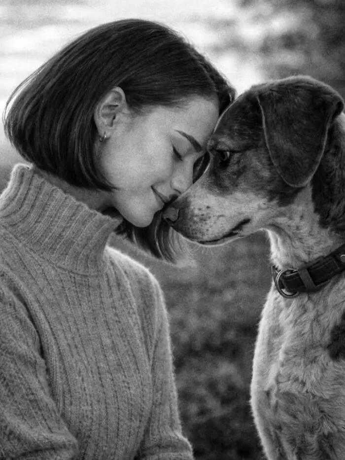A sweet black and white close-up photo of a woman touching her forehead to her dog, showing a special bond.