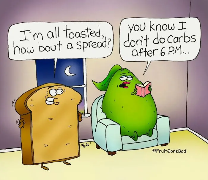 Funny and slightly naughty comics featuring a slice of toast asking an avocado for a spread