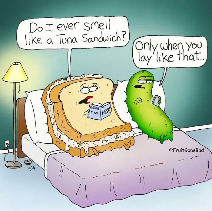 Funny comics featuring food with a tuna sandwich and a pickle lying on a bed talking.