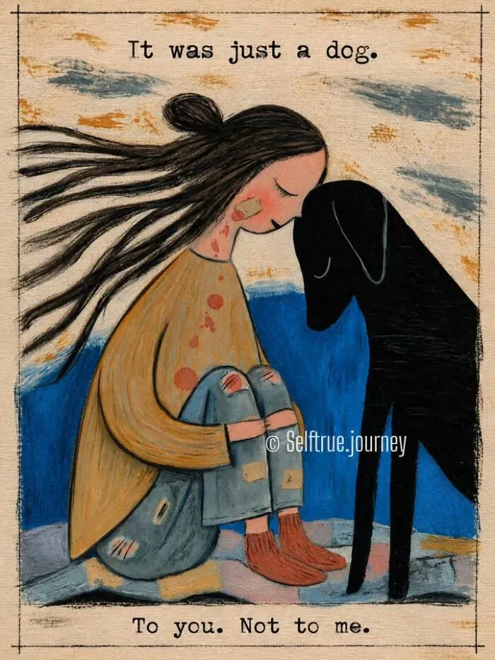 Touching art of a woman pressing her forehead to her dog, expressing the pain of losing a beloved dog.