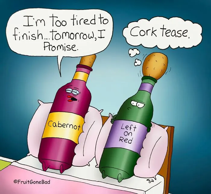 Funny and slightly naughty comics featuring food and objects with wine bottles in bed.