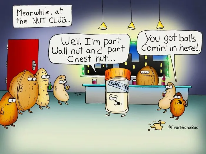 Funny and slightly naughty comics featuring food and objects with cartoon nuts inside a bar.