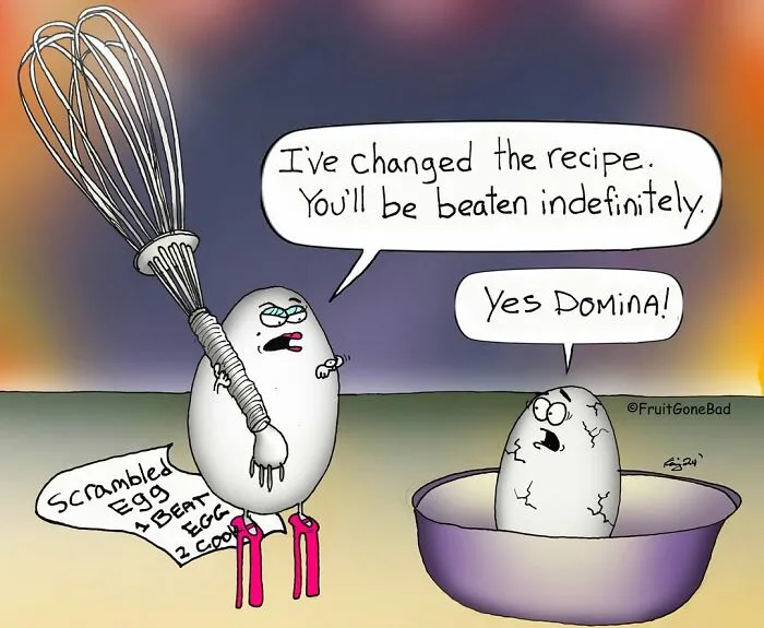 Slightly naughty comics featuring an egg holding a whisk in a kitchen setting.