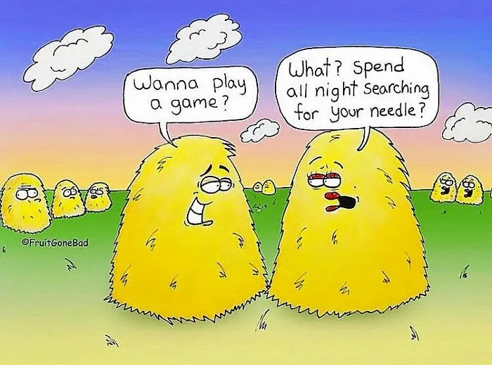 Funny and naughty comics featuring two haystacks talking about searching for a needle.