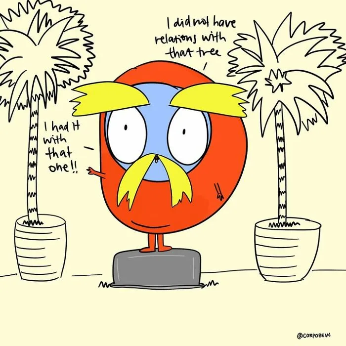 A comic by Corpo Bean depicting a red Lorax-like character standing between two potted palm trees