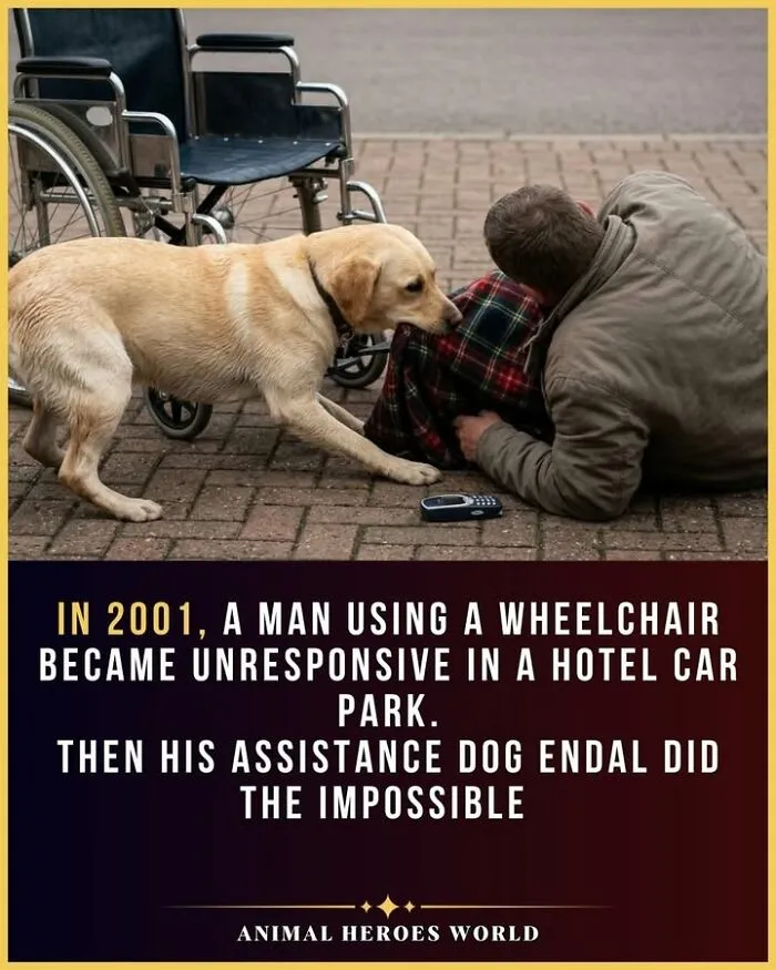 A loyal yellow golden retriever aids an unconscious man in a wheelchair, illustrating animals who saved lives.