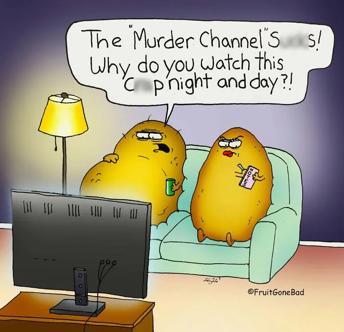Funny comics featuring potato characters sitting on a couch watching a murder channel on TV.