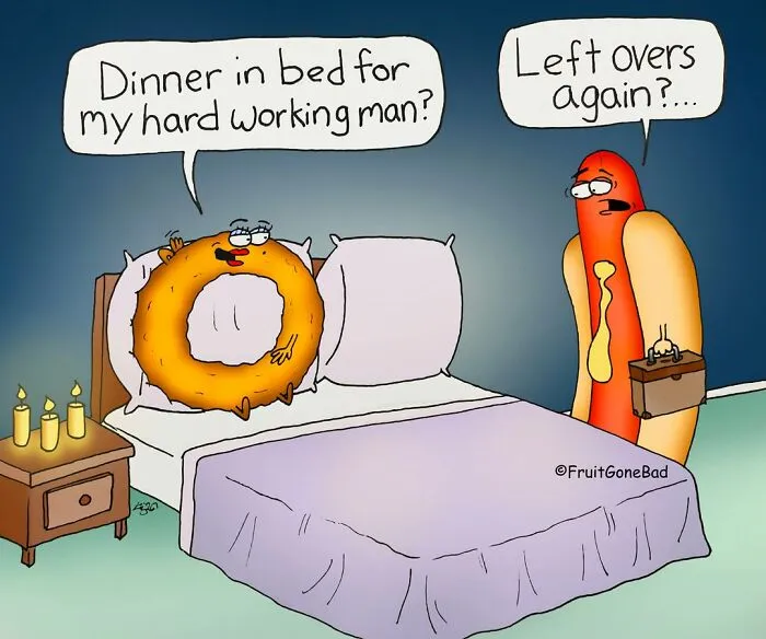Slightly naughty comics featuring an onion ring and hot dog character having a bedroom conversation.