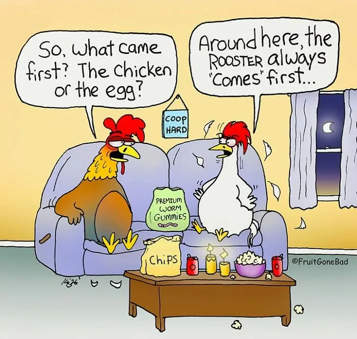 Funny and naughty comics featuring chicken and rooster talking on a couch about who came first.