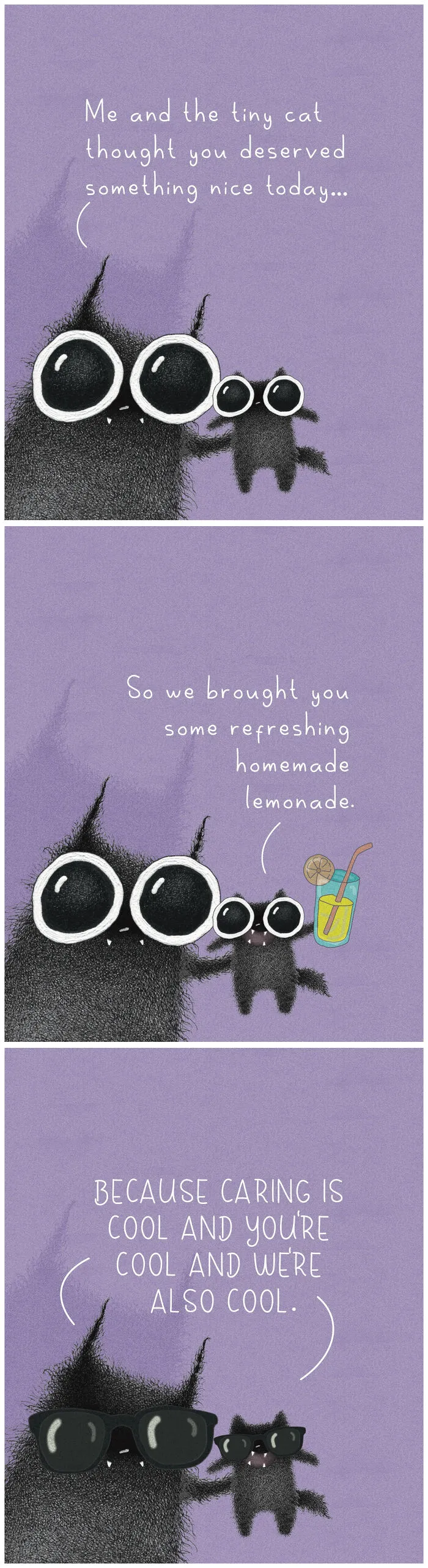 Uplifting cat illustrations by Luis Coelho featuring two black cats offering lemonade and wearing cool sunglasses.