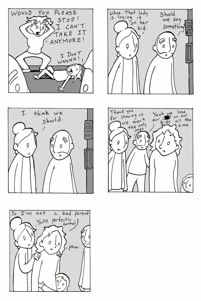 Comic showing parents consoling a stressed kid and sharing empathy