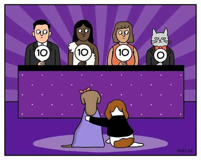 Funny comics illustration of judges holding scores for a pair of dogs, with a cat judge giving a zero