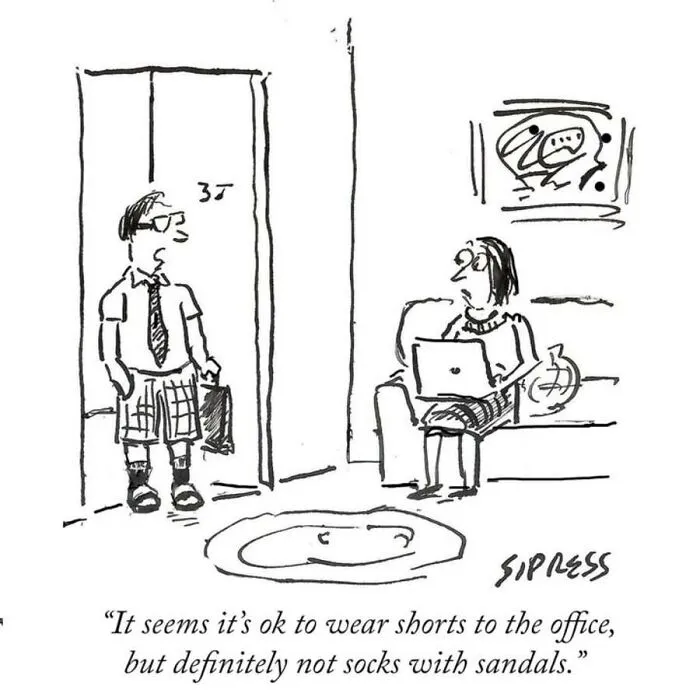 A black and white cartoon showing a man in shorts and sandals at home, a New Yorker style drawing.