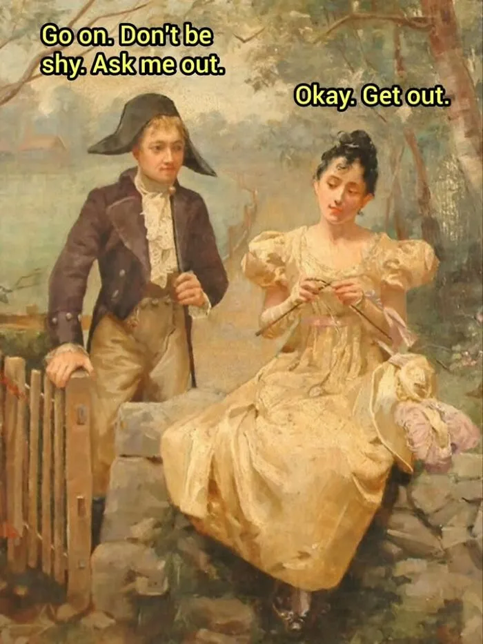 A classic oil painting depicting a couple in 19th-century attire, showcasing famous paintings turned into memes.