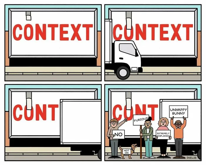 Funny comics strip of protesters holding signs next to a dog wearing a sign that says not on