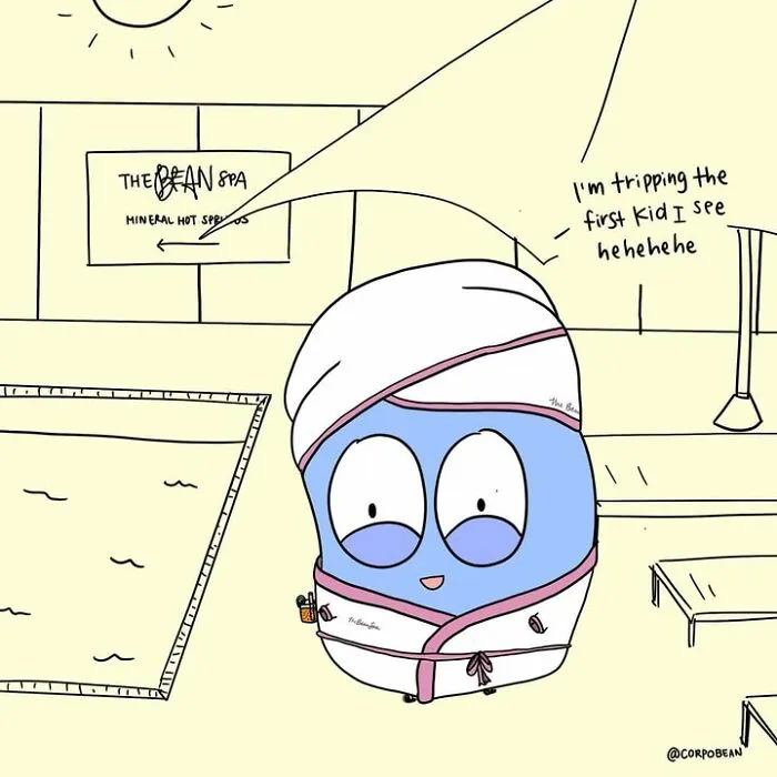 A comic by Corpo Bean showing a blue character in a white spa robe near a swimming pool