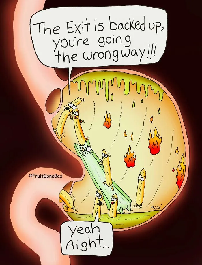 Funny and slightly naughty comics showing food characters inside a stomach with fire