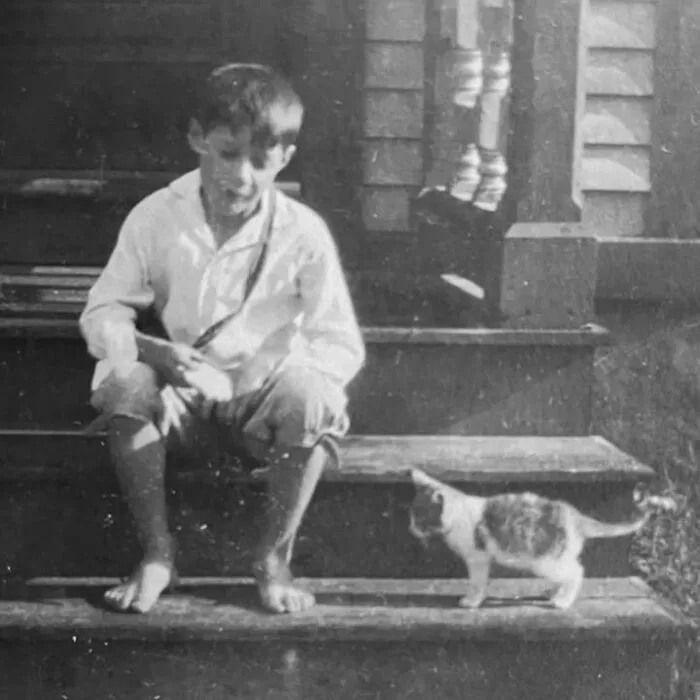A boy sitting on wooden steps with a kitten in vintage photos of children with their cats