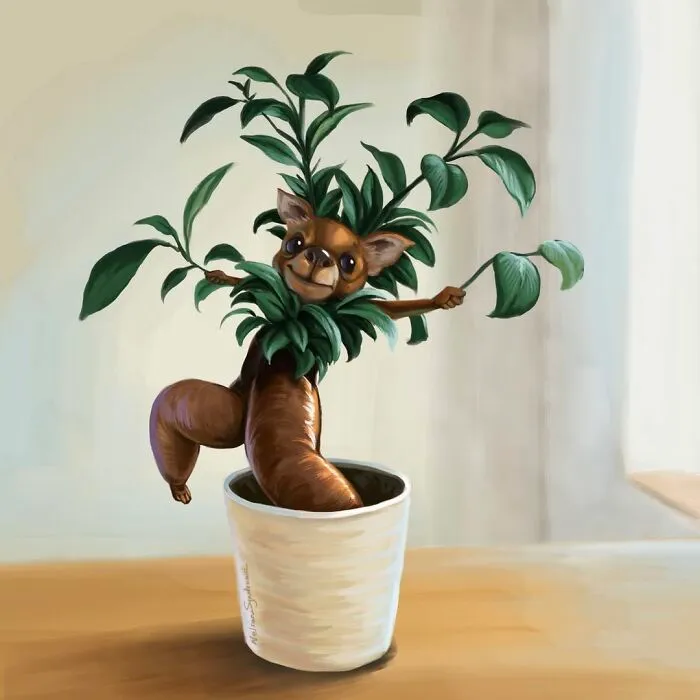 Illustration By Nelson Syndrome featuring a dog root plant in a pot, a playful parody of a classic painting style.