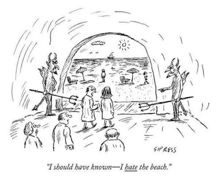 A black and white cartoon of devils pointing people to a beach with a funny caption about New Yorker life.