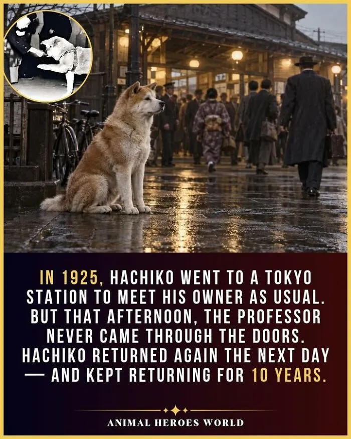 Akita dog sitting outside a busy train station, highlighted in true stories of animals who survived the impossible.