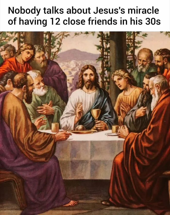 A painting of the Last Supper with a modern joke caption, an example of famous paintings turned into memes.