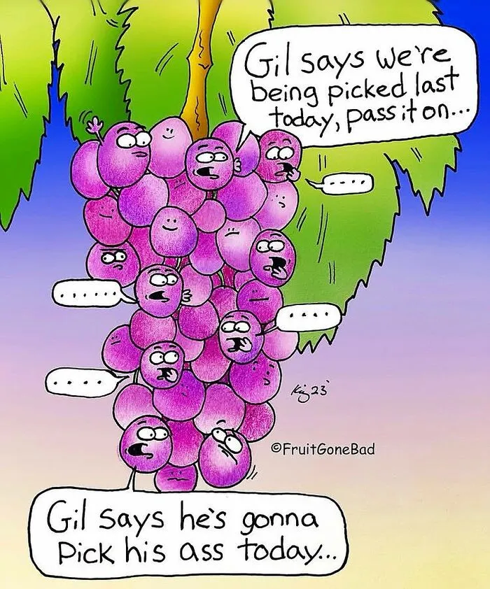 Funny and slightly naughty comics depicting a bunch of grapes playing a game of telephone