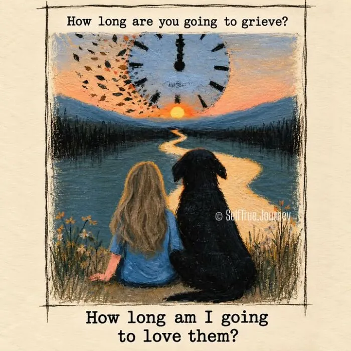 Art depicting a girl and her black dog looking at a sunset, symbolizing the grief of losing a beloved dog.