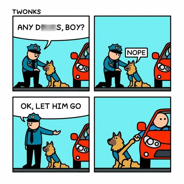 Funny comics about a police officer and his K9 dog working together to stop cars.