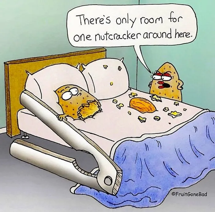 Funny comics featuring food and a nutcracker in bed.