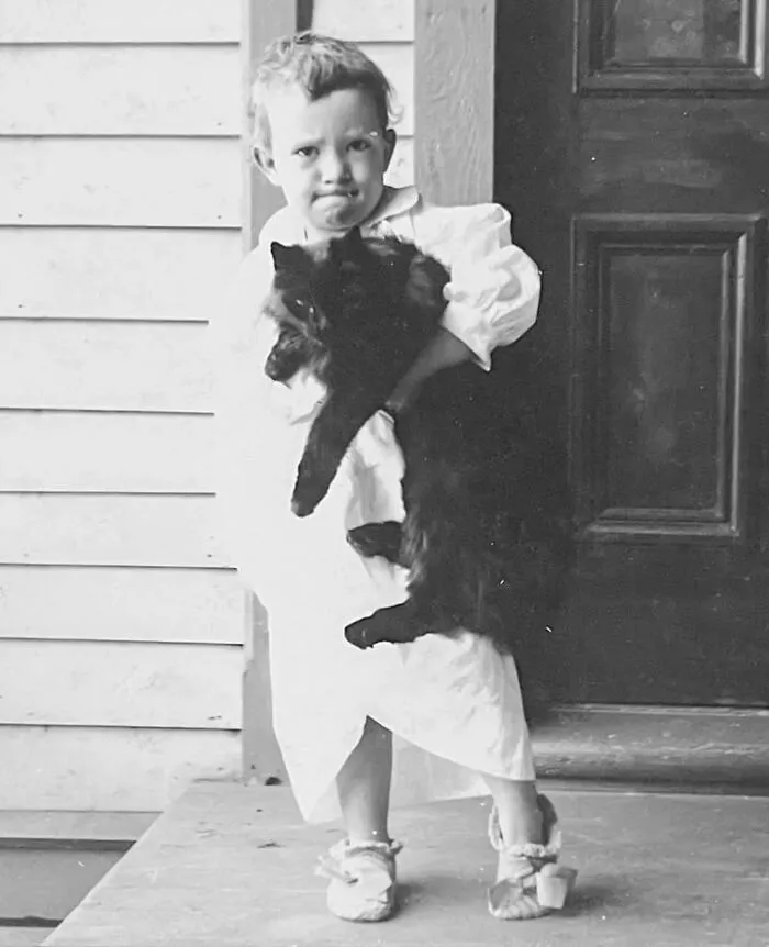 A little boy holding a fluffy cat in vintage photos of children with their cats
