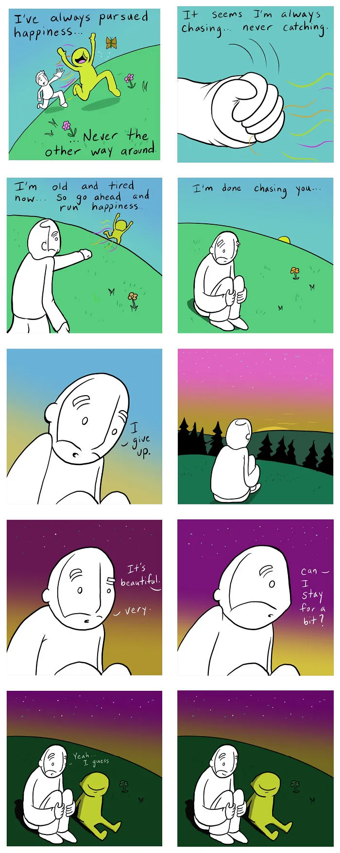 Comic about pursuing happiness and choosing kindness over chasing it
