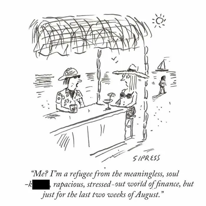 A black and white cartoon of two people at a beach bar with a humorous caption about being a New Yorker.
