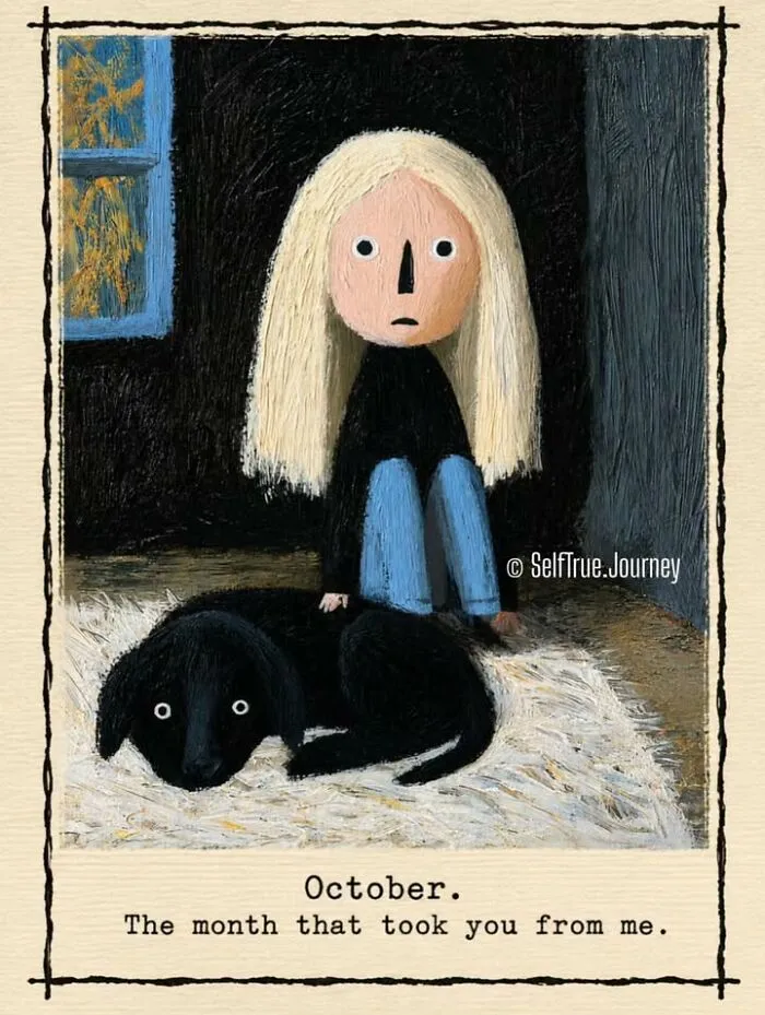 Illustration of a sad girl sitting next to her beloved black dog, capturing the pain of losing a beloved dog.