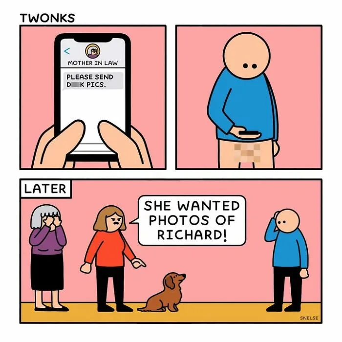 A comic panel featuring a dog named Richard next to a woman holding a phone, from funny comics about dogs