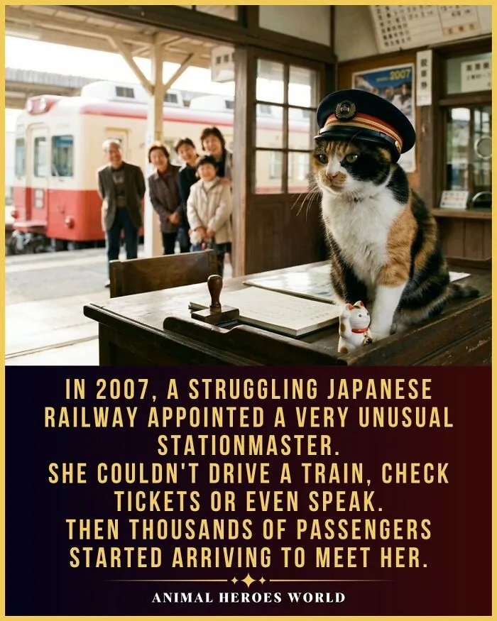 Calico cat wearing a conductor hat sitting on a desk, featured in true stories of animals who survived the impossible.