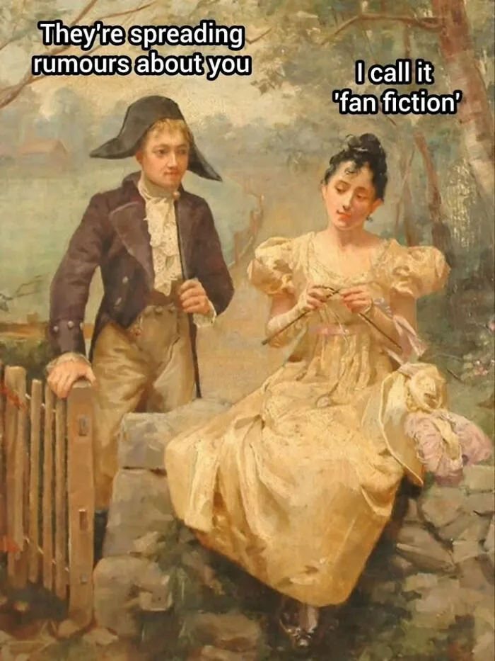 A historical oil painting with humorous text bubbles, showcasing the trend of famous paintings as memes.