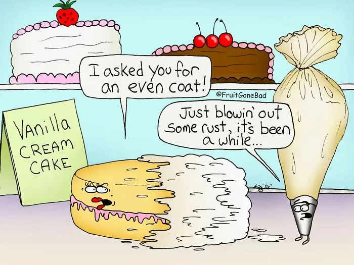 Funny naughty food comics of a cake getting iced by a nervous piping bag