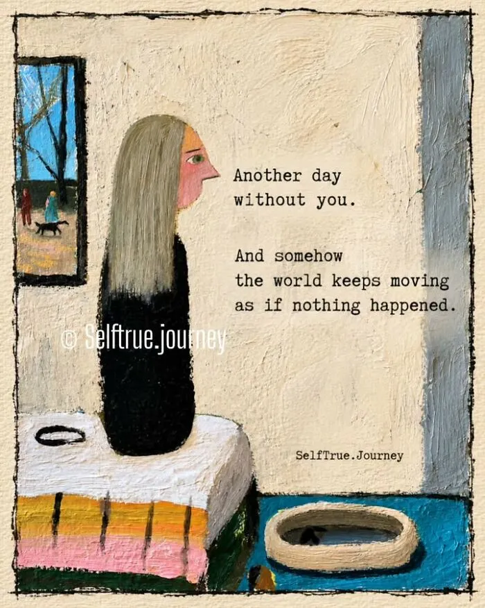 Painting of a lonely woman looking out a window representing the pain of losing a beloved dog with an empty pet bed