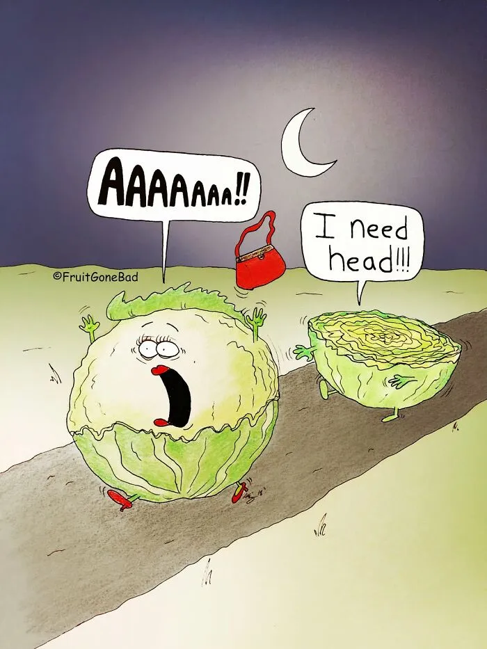 Funny naughty food comics showing a cabbage running away from a half-cut lettuce at night