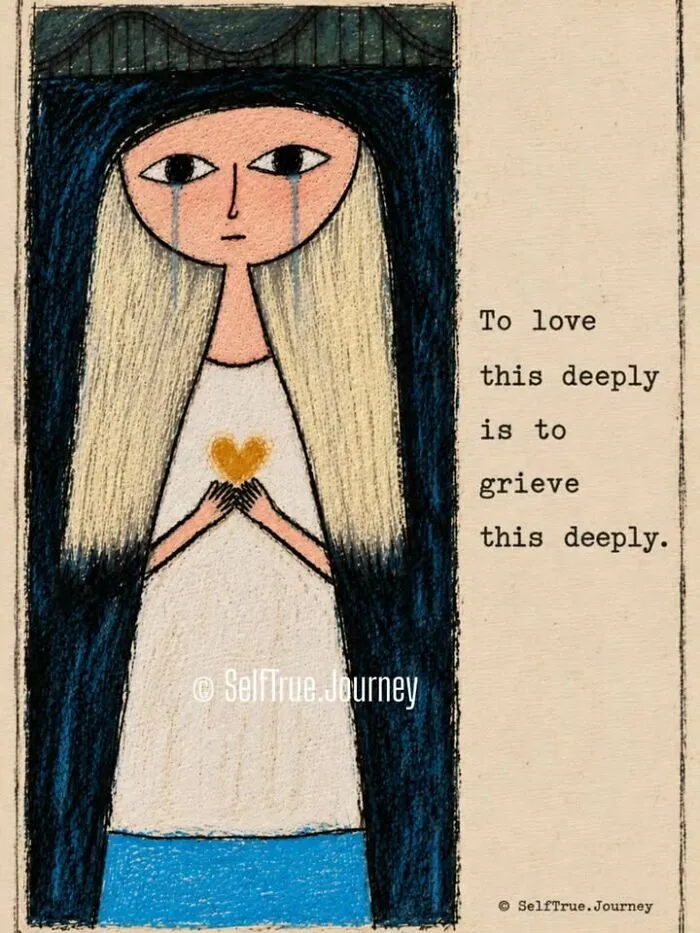 Sad blonde girl holding a glowing heart illustration representing the pain of losing a beloved dog