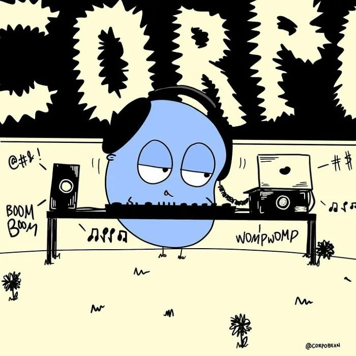 A comic by Corpo Bean showing a blue cartoon character acting as a DJ, highlighting everyday work struggles