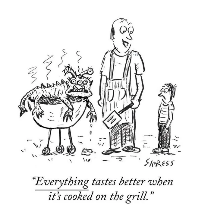 A New Yorker veteran cartoon of a man grilling an alien monster for a child